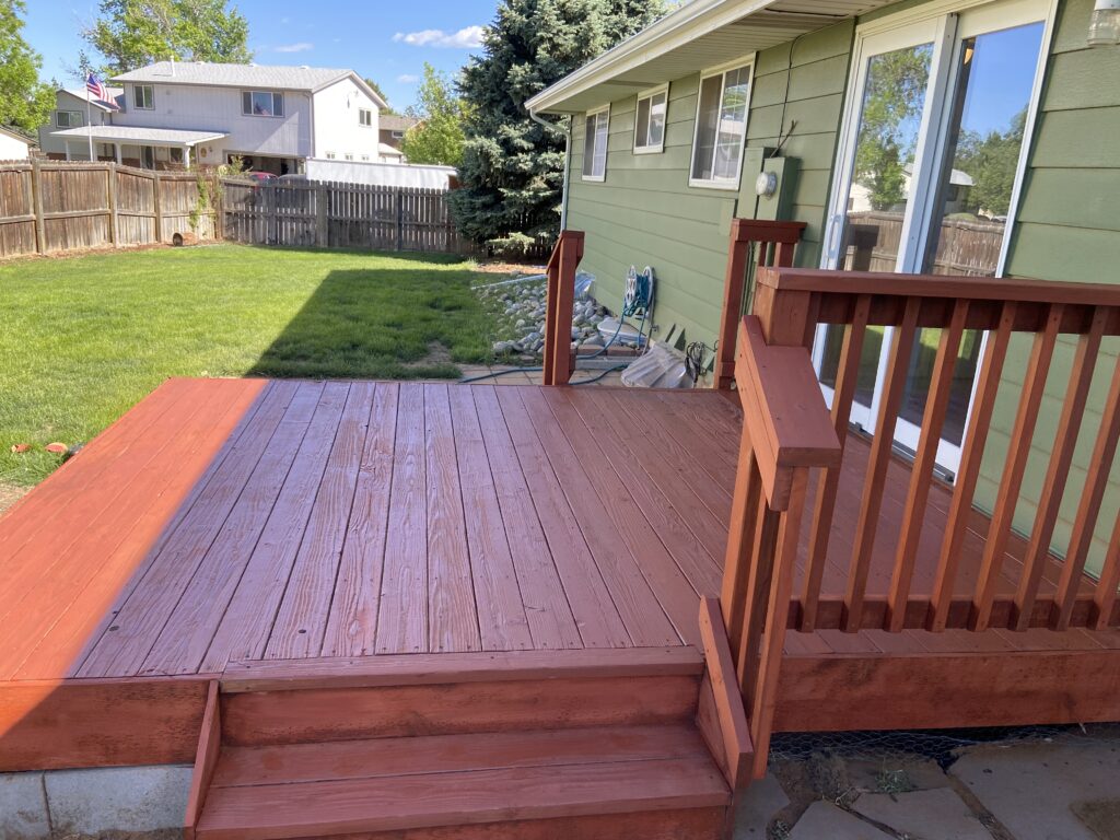 Redwood Deck Floor installed by Valenzuela Fence Company. Also Redwood Deck solid color Stained, which showcases a durable and elegant Redwood Deck in all residential properties all around Denver county, Arapahoe county, Douglas county and Surrounding areas.